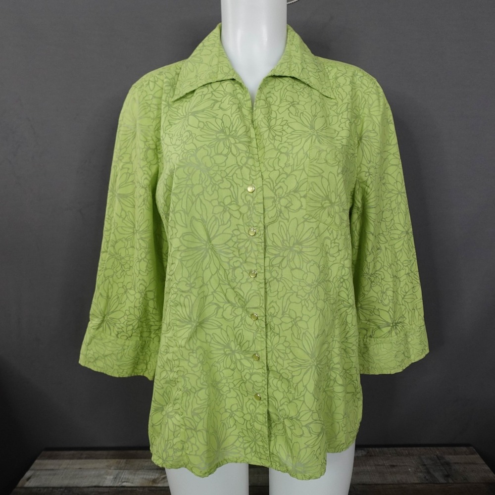 Valerie Stevens Women Top Large Green Sheer Burnout Floral Artsy Button Casual